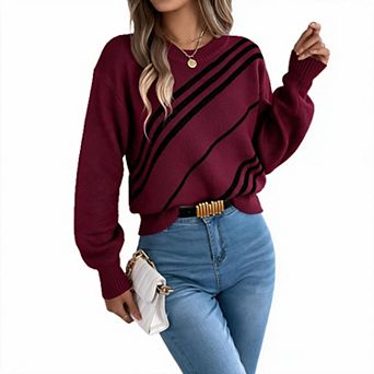 XuBa Fall Winter Women Knit Pullover Striped Lantern Sleeve Sweater