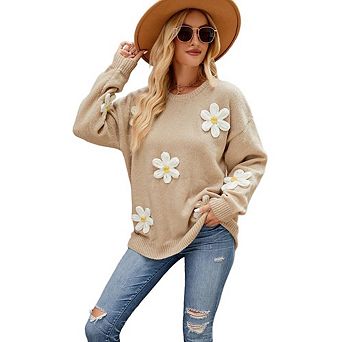 XuBa Crew Neck Long Sleeve Sweater Cute Handmade Flower Knit Jumper