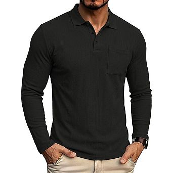 Men's Long Sleeve Button Collar Trim Fit T-Shirt Top