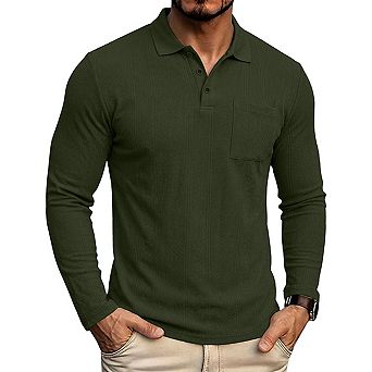 Men's Long Sleeve Button Collar Trim Fit T-Shirt Top
