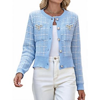 XuBa Chic Plaid Knit Cardigan for Women Pearl Button Bow Decor Cropped Sweater