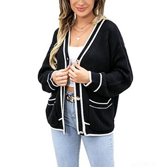 Women Contrast Trim Cardigan Sweater Casual V Neck Button Down Knit Outwear with Pockets