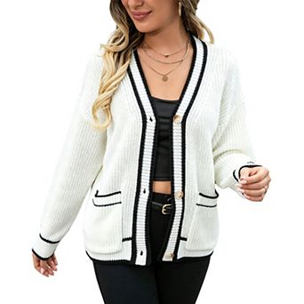 Women Contrast Trim Cardigan Sweater Casual V Neck Button Down Knit Outwear with Pockets