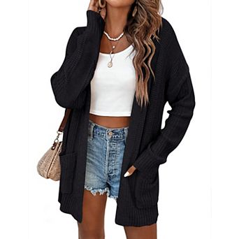 Women's Long Sleeve Cardigan Sweaters Open Front Drop Shoulder Cardigan with Double Pockets