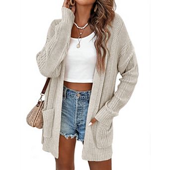 Women's Long Sleeve Cardigan Sweaters Open Front Drop Shoulder Cardigan with Double Pockets