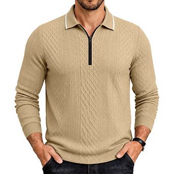 Men's Long Sleeve Zip Collar Polo Pullover T-Shirt Top