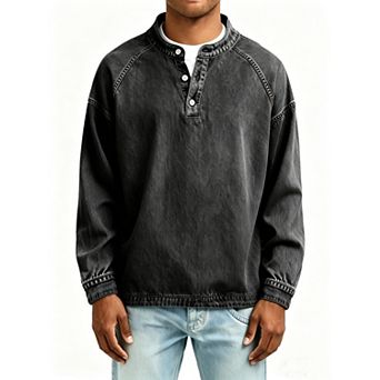 Men's Retro Crew Neck Long Sleeve Pullover With Neck Button Closure