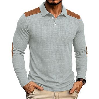 Men's Long Sleeve Waffle Knit Polo Shirt With Collar Buttons