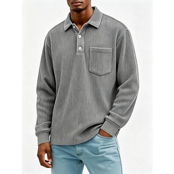 Men's Corduroy Long Sleeve Polo Shirt With Chest Pocket