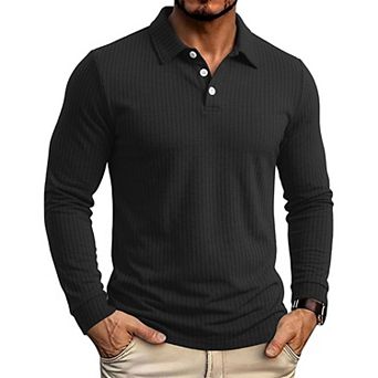 Men's Long Sleeve Waffle Polo Shirt With Collar Buttons