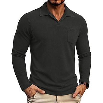 Men's Washed Long Sleeve Polo Shirt Collared Top