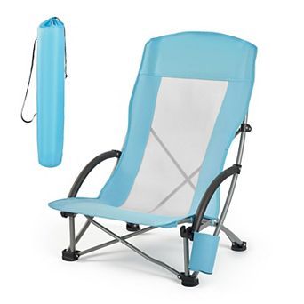 VEVOR Folding Beach Chair, High Back Camping Chairs for Adults, with Cup Pocket,Mesh Back,Light Blue