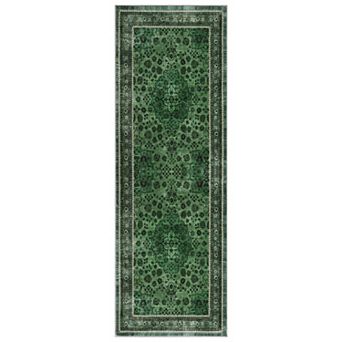 Washable Vintage Green Runner Rug 2x6ft, Non-Slip Low-Pile Indoor Outdoor Carpet