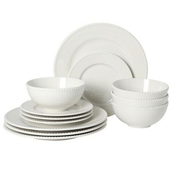 Gibson Home Caviara 12 pc Porcelain Dinnerware Set with Round Beaded Rim Plates and Bowls
