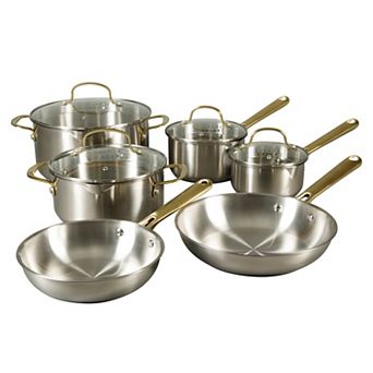 Oster Platinum Sunstreak 10 pc Stainless Steel Cookware Set, Glass Strainer Lids, Gold Handles