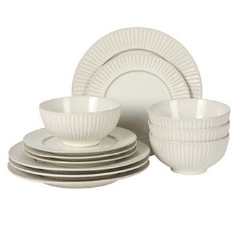 Gibson Elite Soleil 12 pc Linen White Stoneware Dinner Plates Salad Plates and Bowls Set