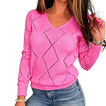 Women V Neck Hollow Out Knit Sweater Long Sleeve Pullover Sweater