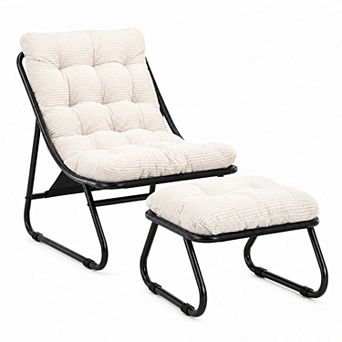 BAOURE Modern Steel Frame Lounge Chair with Ottoman and Puffy Corduroy Padded Cushion