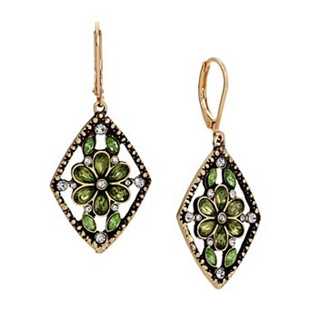 1928 Gold Tone Crystal Antiqued Flower Drop Earrings