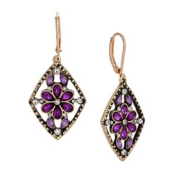 1928 Gold Tone Crystal Antiqued Flower Drop Earrings