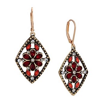 1928 Gold Tone Crystal Antiqued Flower Drop Earrings