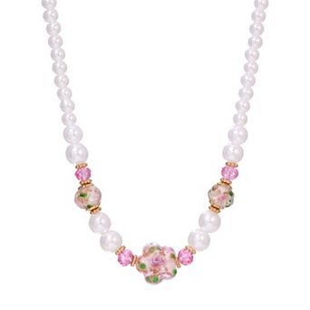 1928 Gold Tone Simulated Pearl Flower Bead Necklace