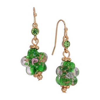 1928 Gold Tone Crystal Flower Bead Drop Earrings