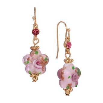 1928 Gold Tone Crystal Flower Bead Drop Earrings