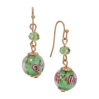 1928 Gold Tone Enamel Flower Bead Drop Earrings