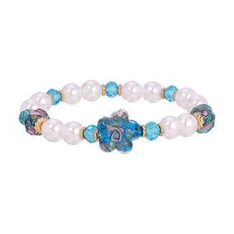 1928 Gold Tone Simulated Pearl Flower Bead Stretch Bracelet