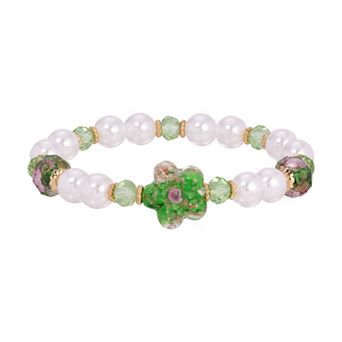 1928 Gold Tone Simulated Pearl Flower Bead Stretch Bracelet