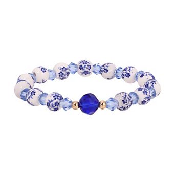 1928 Gold Tone Crystal Blue Willow Beaded Stretch Bracelet