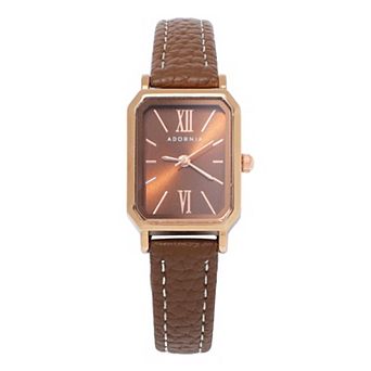 Adornia Lisbon Women's 26mm Rose Gold Tone Brown Leather Band Watch - W-23