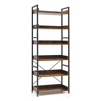 Costway 6 tier Bookshelf Open Display Shelves Storage Rack Metal Frame with 4 Hooks Rustic
