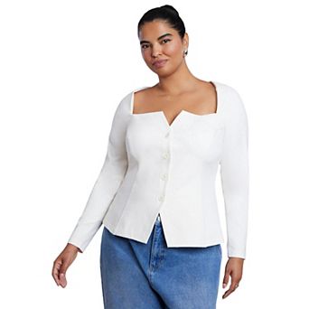 ELOQUII Women's Plus Size Square Neck Button Front Top