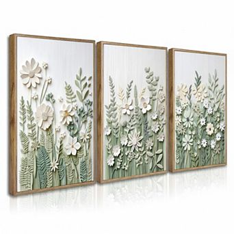 3 Sage Green Wildflowers Canvas Wall Art Neutral Minimalist Boho Floral Print Living Room Bedroom