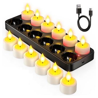 Rechargeable LED Tea Lights 12 pc with Remote Timer USB Charging Base Flickering Votive Candles
