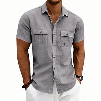 Men's Cotton‑Linen Short‑Sleeve Button‑Down Regular‑Fit Beach Shirt
