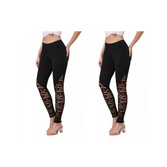 2 Packs Lace Leggings for Women See Through Elastic Waist Stretchy Slim Fit Skinny Pants Trousers