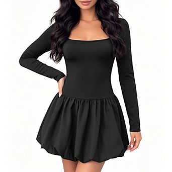 Womens Long Sleeve Square Neck Bubble Dress Slim Fit Ruffled Patchwork Going Out Club Party Dresses