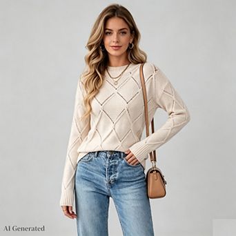 Women Fall Crew Neck Rib Knit Sweater Diamond Jacquard Pullover Sweater Solid Color Long Sleeve Top
