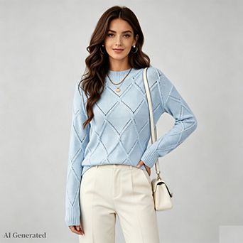 Women Fall Crew Neck Rib Knit Sweater Diamond Jacquard Pullover Sweater Solid Color Long Sleeve Top