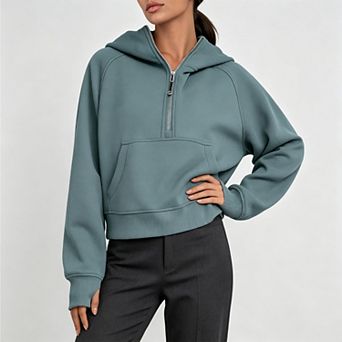 Women's Fall Cropped Long‑Sleeve Half‑Zip Fleece Pullover Sweatshirt