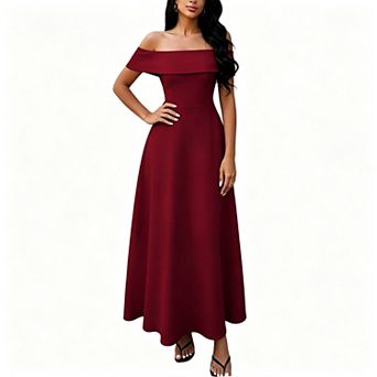 Women's Cocktail Dress Off Shoulder Elegant Swing a Line Wedding Evening Maxi Dress with Pockets