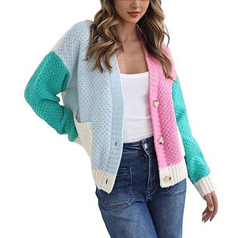 XuBa Women Color Block Patchwork Knit Cardigan V‑Neck Button Sweater Jacket