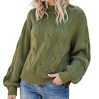 XuBa Women Solid Mock Neck Cable Knit Sweater Long Sleeve Pullover Knitwear