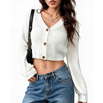 XuBa Women V‑Neck Button Down Cropped Knit Cardigan Long Sleeve Sweater