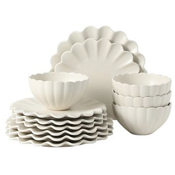 Gibson Elite Bistro Fleur 12 pc Stoneware Scalloped Plates and Bowls Set