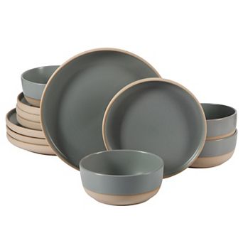 Gibson Home Plates and Bowls Set 12 pc Stoneware Dinnerware Set with Raw Bottom Finish for 4