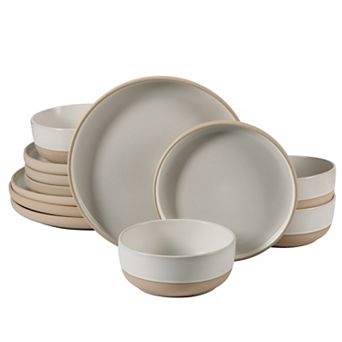 Gibson Home Plates and Bowls Set 12 pc Stoneware Dinnerware Set with Raw Bottom Finish for 4
